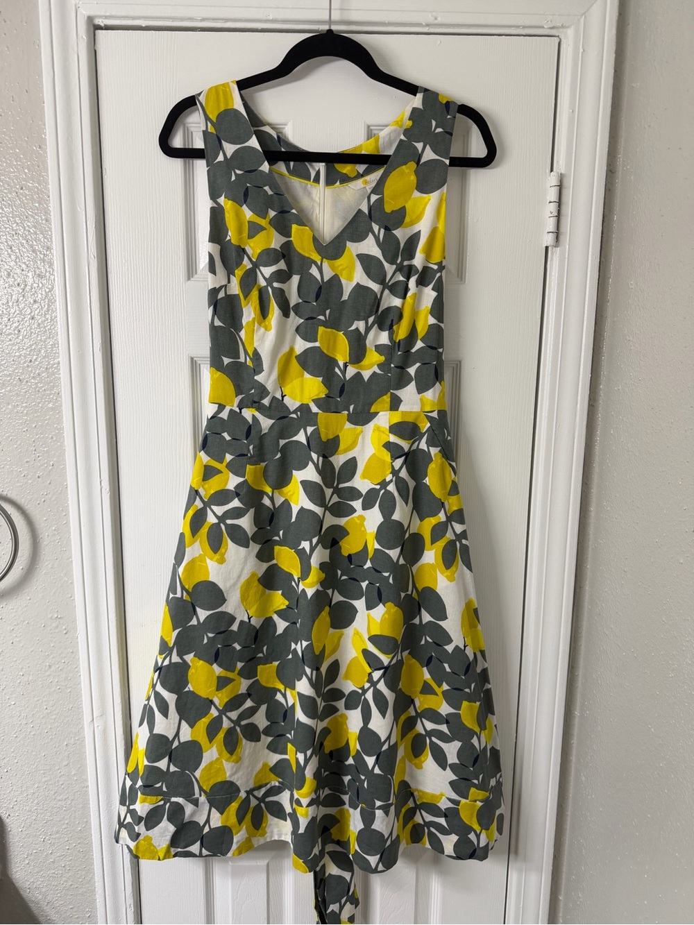 Boden Jade Fit & Flare Midi Dress 8 Lemon Print Cotton Linen Blend Summer Fruit